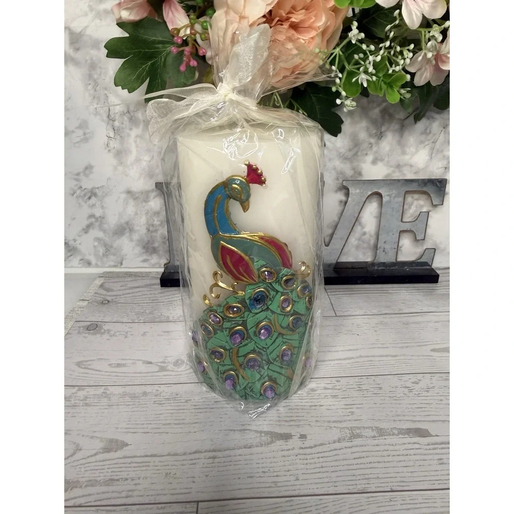 Vintage‎ Pier 1 Imports Peacock Candle Rhinestone Feather Pillar Home Décor Gift